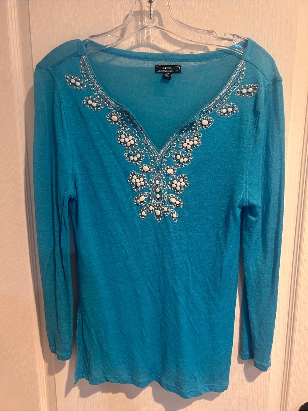 Lisa International Turquoise Beaded V-Neck Long Sleeve Top